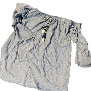 Off the Shoulder Cotton Top  braided rope hanging in front. Layered look sleeve